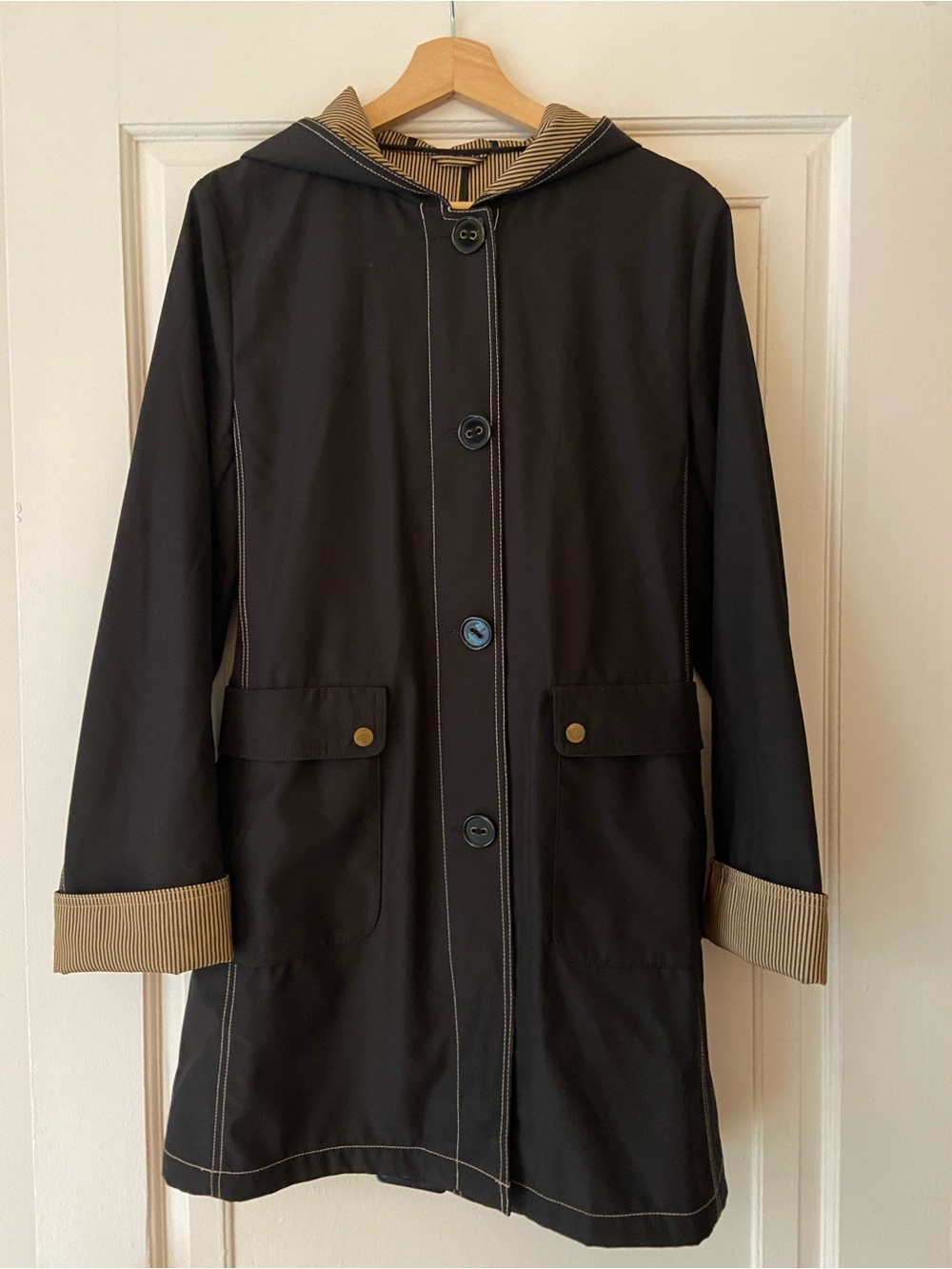Simon Chang Black Trench Coat with Tan Contrast